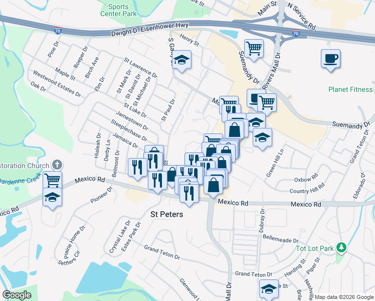 map of restaurants, bars, coffee shops, grocery stores, and more near 431 Cambridge Place in St. Peters