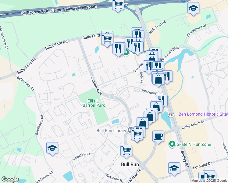 map of restaurants, bars, coffee shops, grocery stores, and more near 10890 Morning Glory Court in Manassas