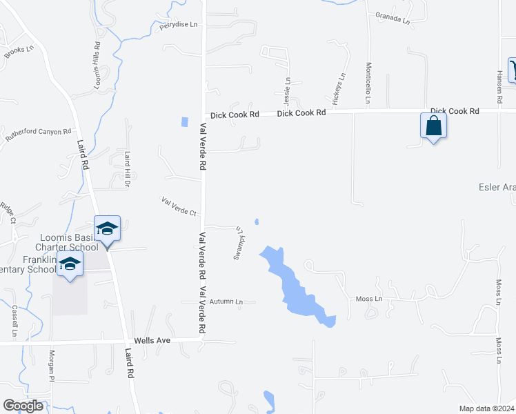 map of restaurants, bars, coffee shops, grocery stores, and more near 7665 Swampy Lane in Loomis