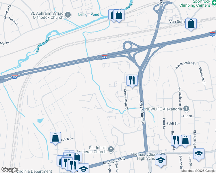 map of restaurants, bars, coffee shops, grocery stores, and more near 6035 Terrapin Place in Alexandria
