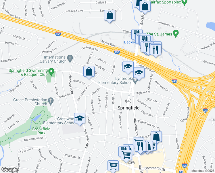 map of restaurants, bars, coffee shops, grocery stores, and more near 7107 Highland Street in Springfield