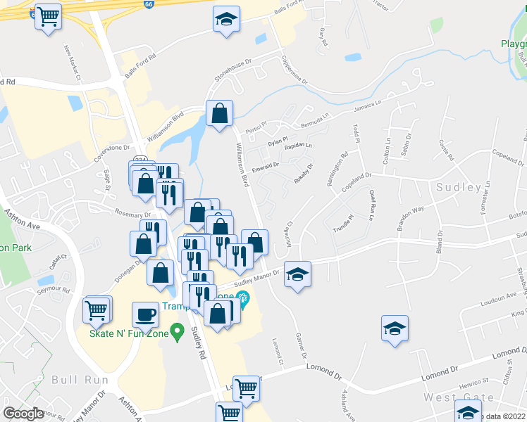 map of restaurants, bars, coffee shops, grocery stores, and more near 7567 Belle Grae Drive in Manassas