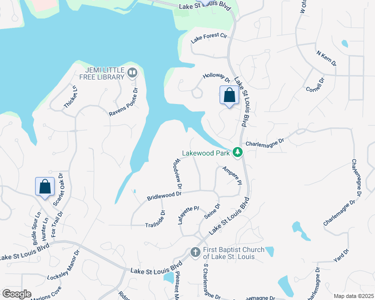 map of restaurants, bars, coffee shops, grocery stores, and more near 15 Woodview Drive in Lake Saint Louis