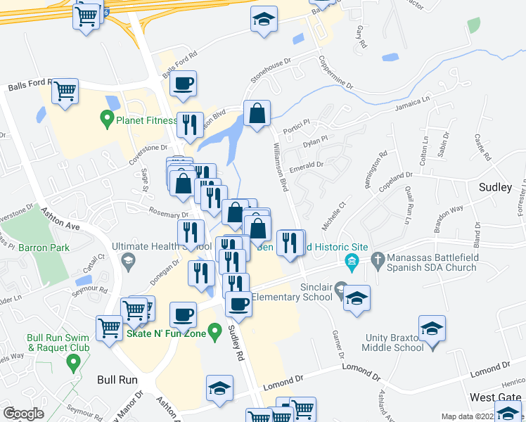 map of restaurants, bars, coffee shops, grocery stores, and more near Brechin Way in Manassas