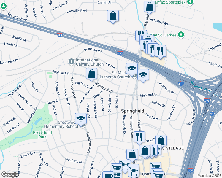 map of restaurants, bars, coffee shops, grocery stores, and more near 7107 Highland Street in Springfield