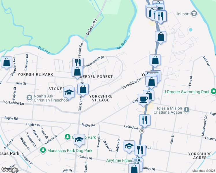 map of restaurants, bars, coffee shops, grocery stores, and more near 8687 Centerton Lane in Manassas