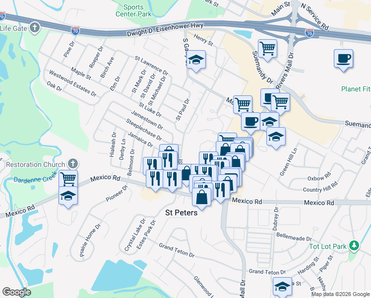 map of restaurants, bars, coffee shops, grocery stores, and more near 409 South Church Street in St. Peters