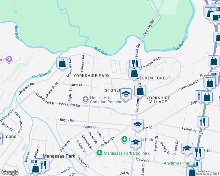map of restaurants, bars, coffee shops, grocery stores, and more near 7602 Somerset Lane in Manassas