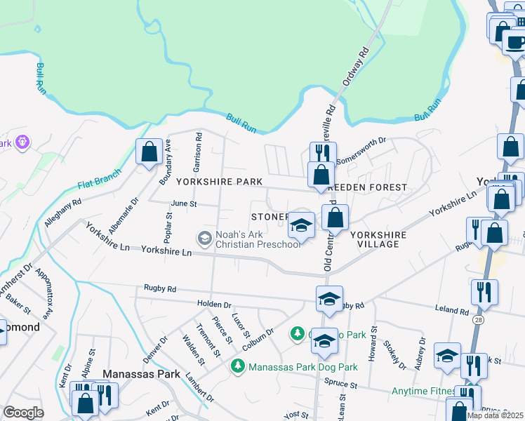 map of restaurants, bars, coffee shops, grocery stores, and more near 7602 Somerset Lane in Manassas