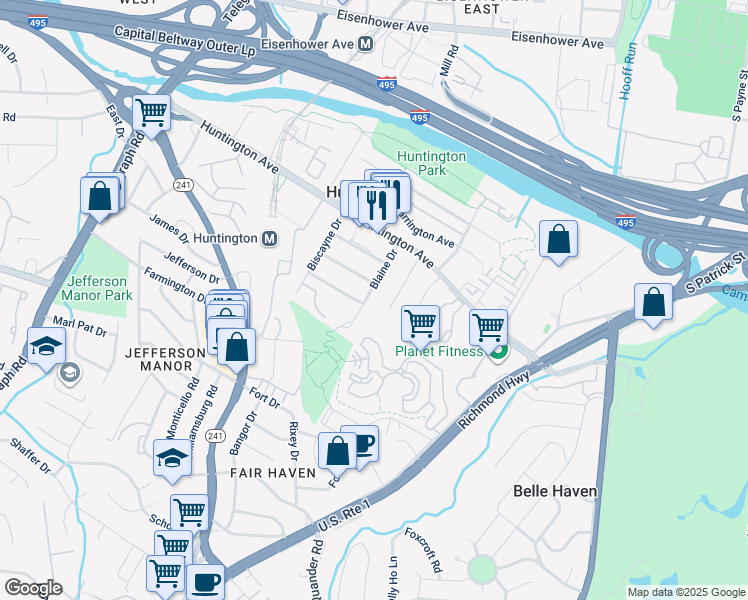 map of restaurants, bars, coffee shops, grocery stores, and more near 5847 Blaine Drive in Alexandria