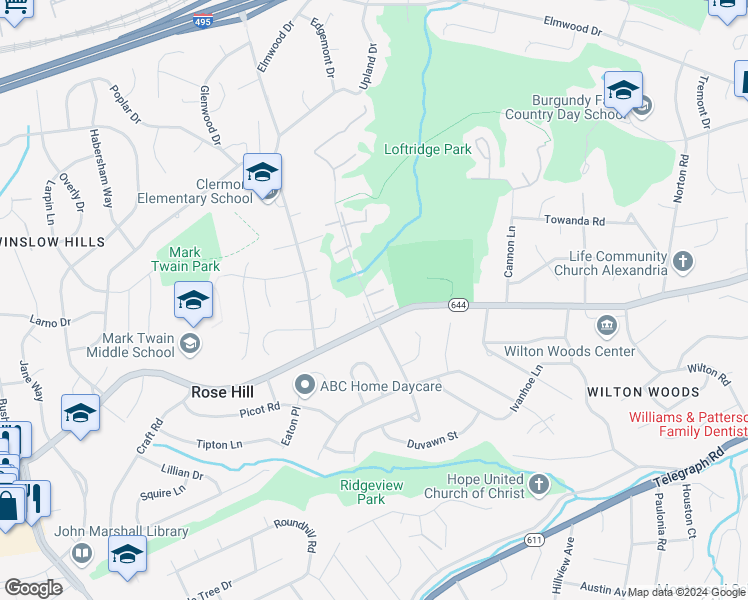 map of restaurants, bars, coffee shops, grocery stores, and more near 4333 Gingham Court in Alexandria