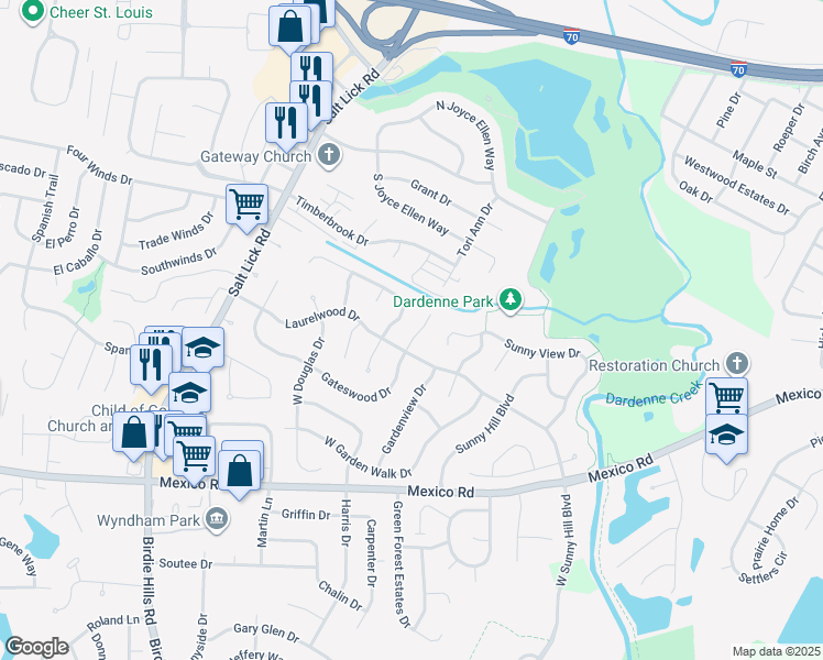 map of restaurants, bars, coffee shops, grocery stores, and more near 234 Laurelwood Drive in St. Peters
