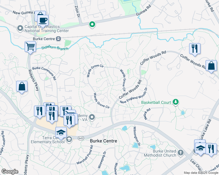map of restaurants, bars, coffee shops, grocery stores, and more near 10038 Wood Sorrels Lane in Burke