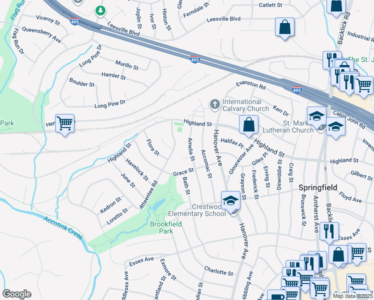 map of restaurants, bars, coffee shops, grocery stores, and more near 5814 Amelia Street in Springfield