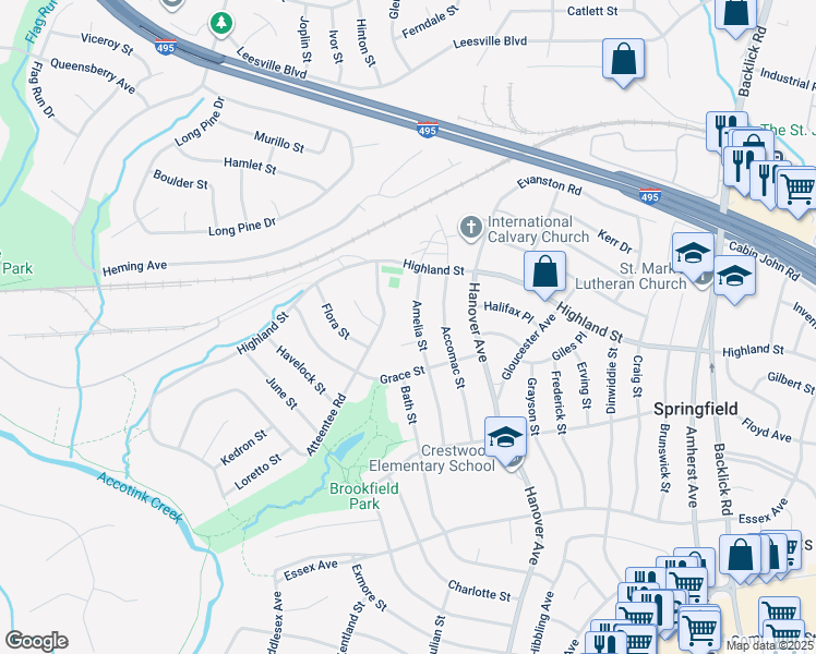 map of restaurants, bars, coffee shops, grocery stores, and more near 5814 Amelia Street in Springfield