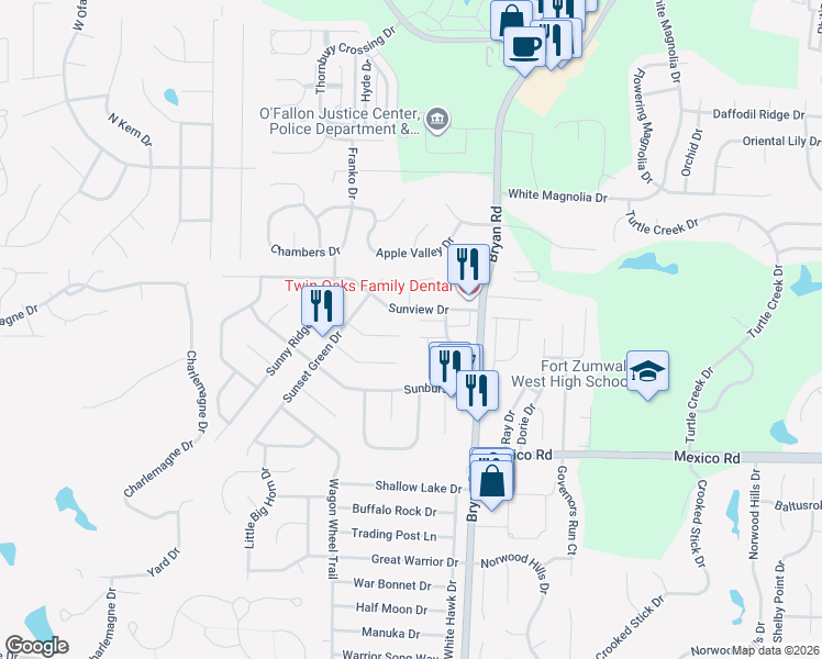 map of restaurants, bars, coffee shops, grocery stores, and more near 20 Briarmist Court in O'Fallon