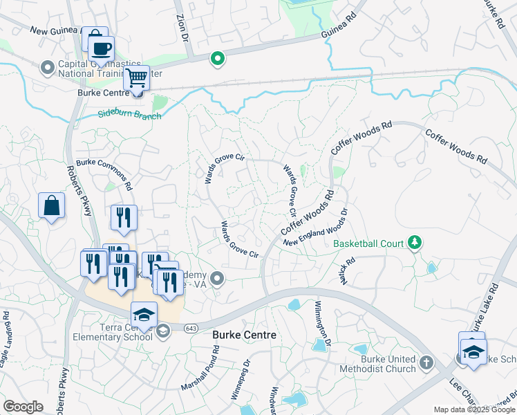 map of restaurants, bars, coffee shops, grocery stores, and more near 10038 Wood Sorrels Lane in Burke