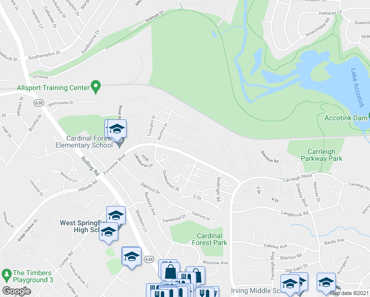 map of restaurants, bars, coffee shops, grocery stores, and more near 8384 Forrester Boulevard in West Springfield
