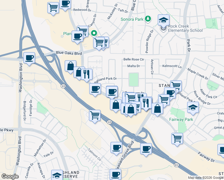 map of restaurants, bars, coffee shops, grocery stores, and more near 1002 Dante Circle in Roseville