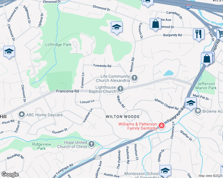 map of restaurants, bars, coffee shops, grocery stores, and more near 3704 Franconia Road in Alexandria