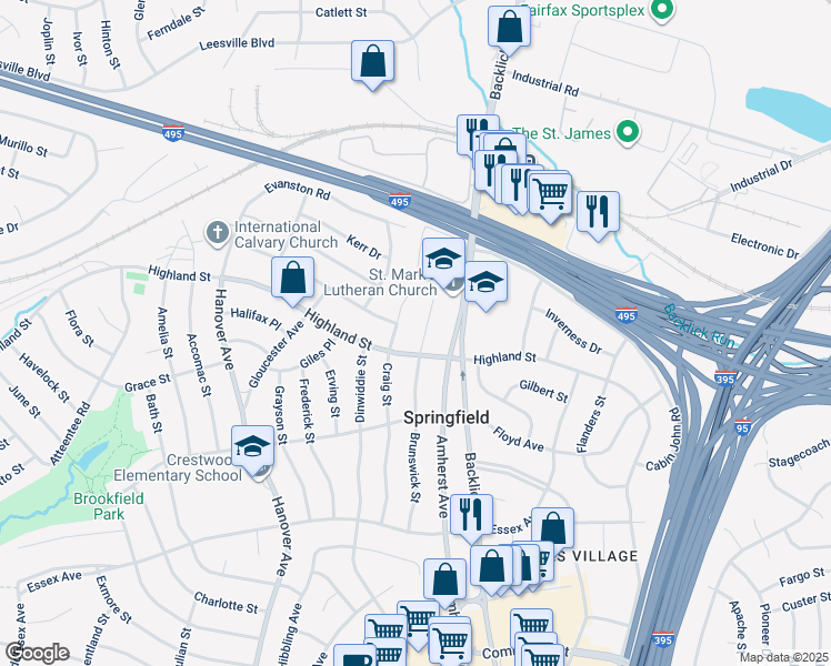 map of restaurants, bars, coffee shops, grocery stores, and more near 5814 Brunswick Street in Springfield
