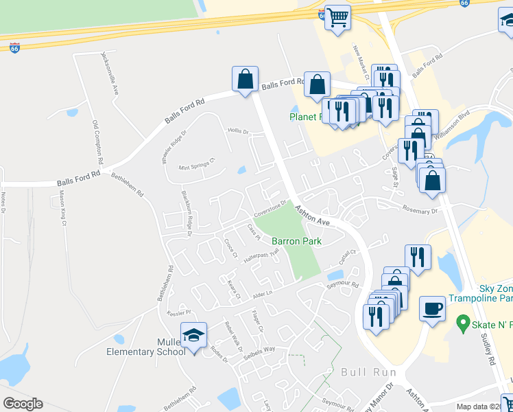 map of restaurants, bars, coffee shops, grocery stores, and more near 7587 Margate Court in Manassas