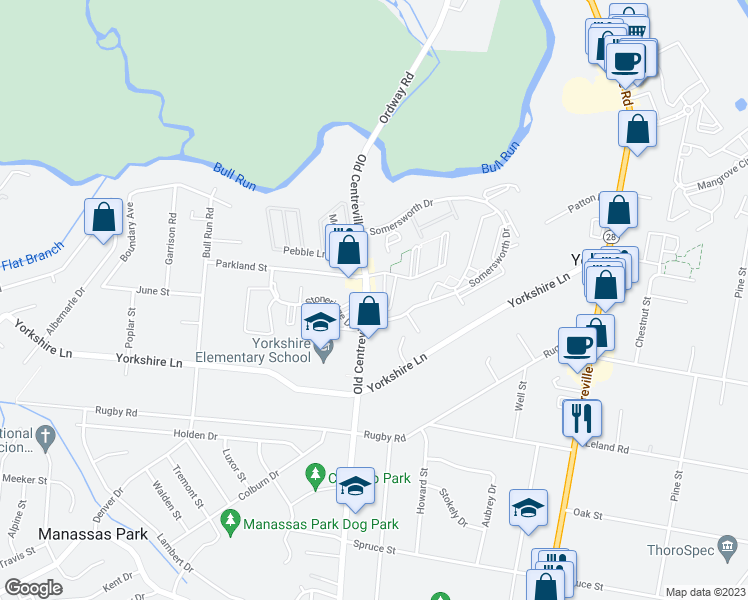 map of restaurants, bars, coffee shops, grocery stores, and more near 7506 Prince Cole Court in Manassas