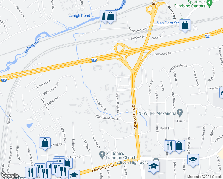map of restaurants, bars, coffee shops, grocery stores, and more near 5814 Katelyn Mary Place in Alexandria