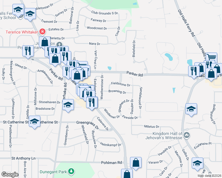 map of restaurants, bars, coffee shops, grocery stores, and more near 3904 Browning Drive in Florissant