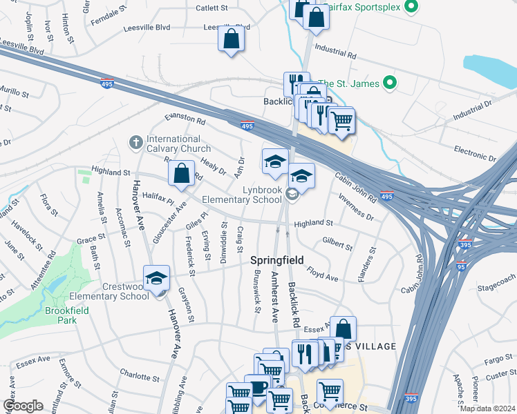 map of restaurants, bars, coffee shops, grocery stores, and more near 5814 Brunswick Street in Springfield