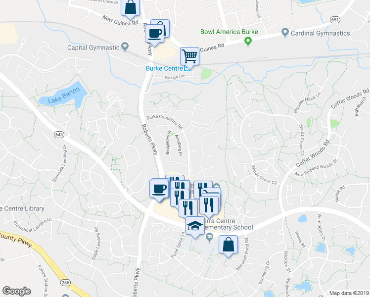 map of restaurants, bars, coffee shops, grocery stores, and more near 5970 Annaberg Place in Burke