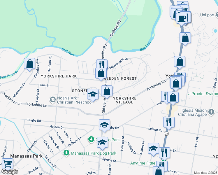 map of restaurants, bars, coffee shops, grocery stores, and more near 7506 Prince Cole Court in Manassas