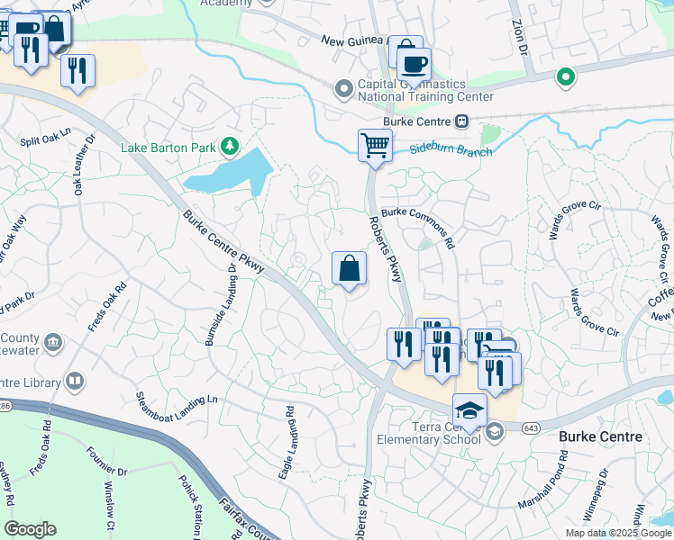 map of restaurants, bars, coffee shops, grocery stores, and more near 5884 First Landing Way in Burke