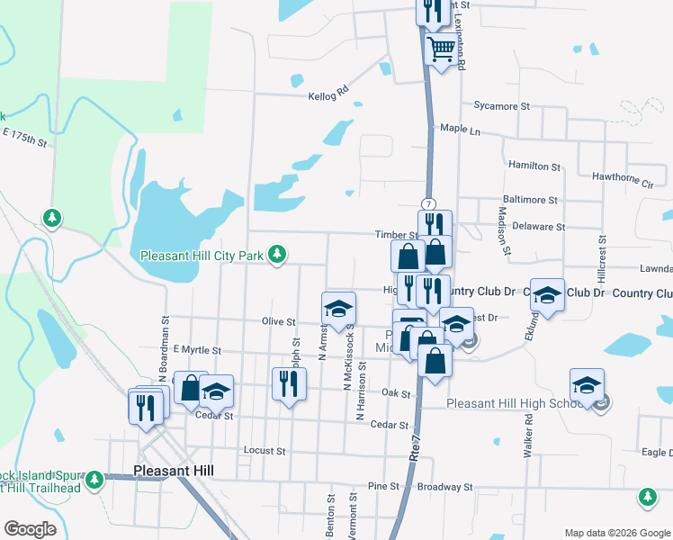map of restaurants, bars, coffee shops, grocery stores, and more near 502 North Armstrong Street in Pleasant Hill