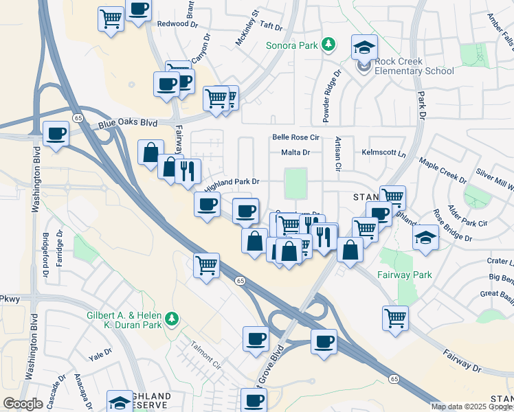 map of restaurants, bars, coffee shops, grocery stores, and more near 1403 Dante Circle in Roseville