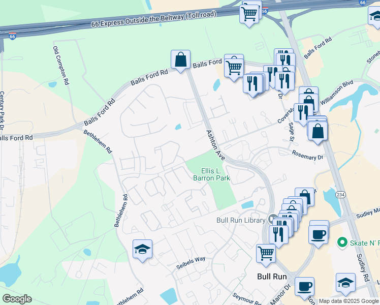 map of restaurants, bars, coffee shops, grocery stores, and more near 7589 Margate Court in Manassas