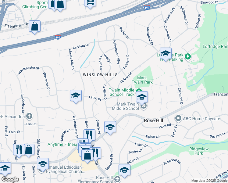 map of restaurants, bars, coffee shops, grocery stores, and more near 5814 Larpin Lane in Alexandria