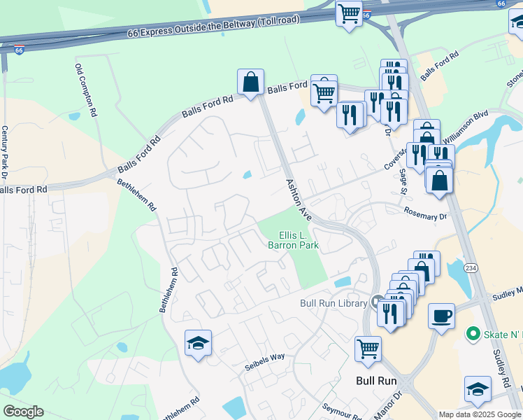 map of restaurants, bars, coffee shops, grocery stores, and more near 7587 Margate Court in Manassas