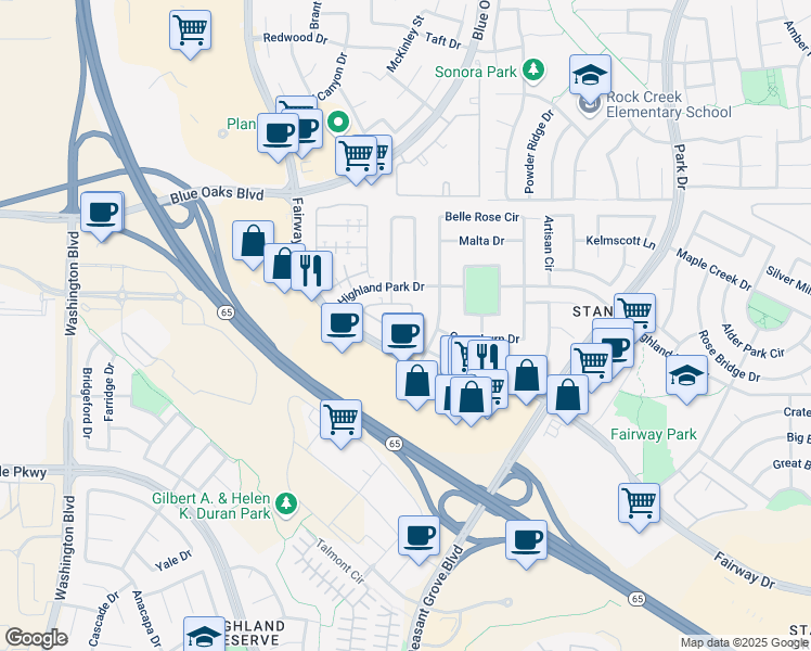 map of restaurants, bars, coffee shops, grocery stores, and more near 1303 Dante Circle in Roseville