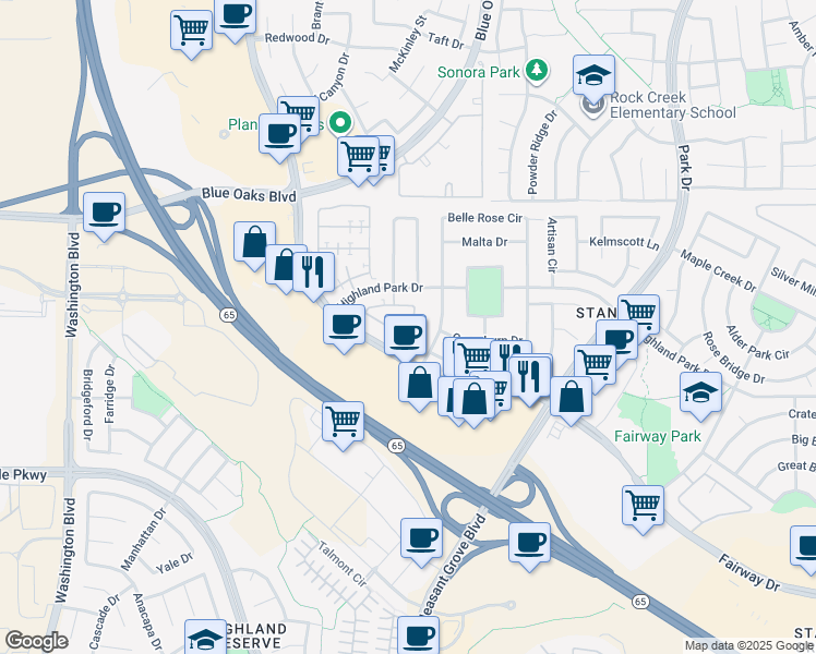 map of restaurants, bars, coffee shops, grocery stores, and more near 1303 Dante Circle in Roseville
