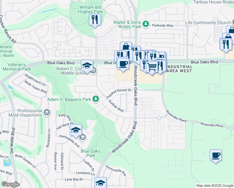 map of restaurants, bars, coffee shops, grocery stores, and more near 8972 Rising Mist Way in Roseville