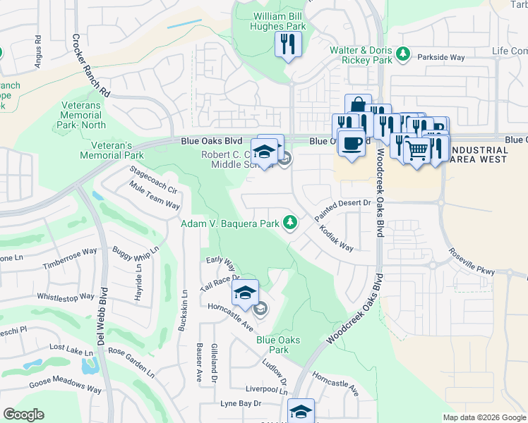 map of restaurants, bars, coffee shops, grocery stores, and more near 117 Cloud Touch Court in Roseville