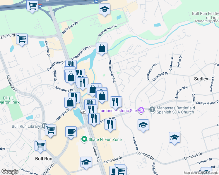map of restaurants, bars, coffee shops, grocery stores, and more near 7623 Duneiden Lane in Manassas