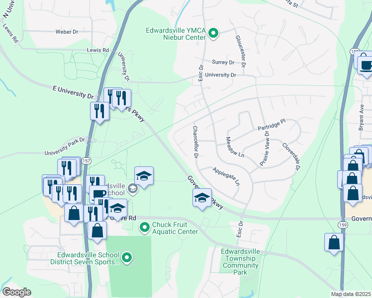 map of restaurants, bars, coffee shops, grocery stores, and more near 1217 Chancellor Drive in Edwardsville