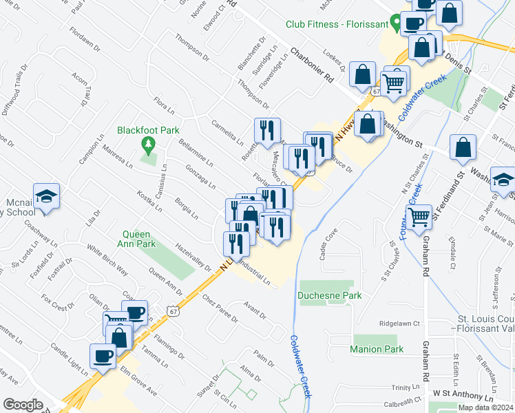 map of restaurants, bars, coffee shops, grocery stores, and more near 8239 North Lindbergh Boulevard in Florissant