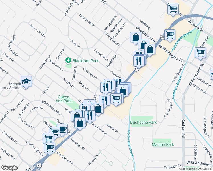 map of restaurants, bars, coffee shops, grocery stores, and more near 705 Southwell Lane in Florissant
