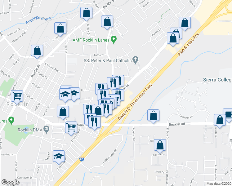 map of restaurants, bars, coffee shops, grocery stores, and more near 4512-4568 Granite Drive in Rocklin