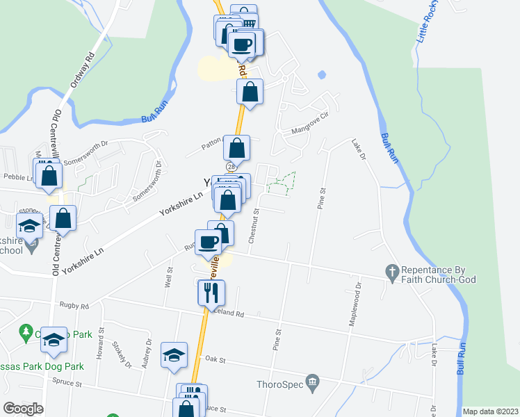 map of restaurants, bars, coffee shops, grocery stores, and more near 7617 Chestnut Street in Manassas