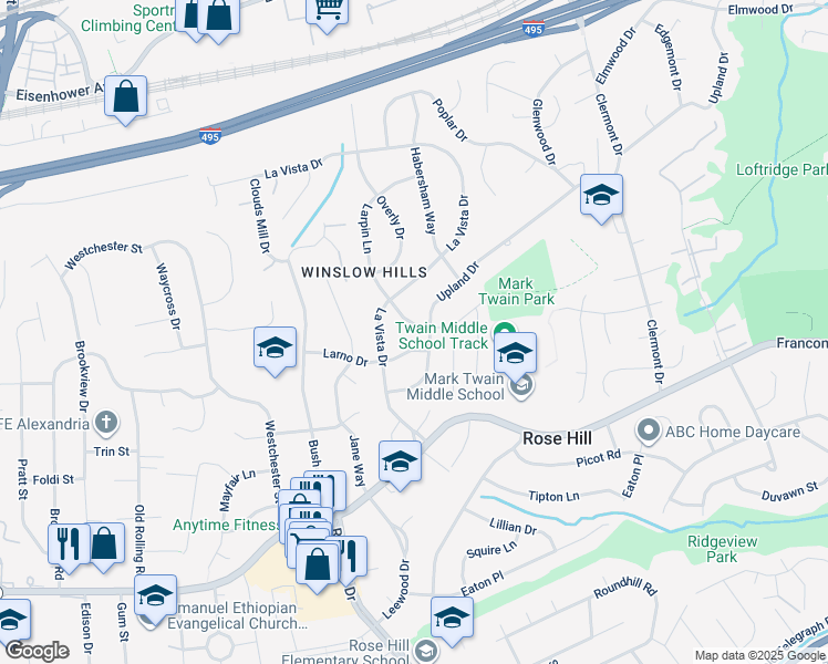 map of restaurants, bars, coffee shops, grocery stores, and more near 5814 Larpin Lane in Alexandria