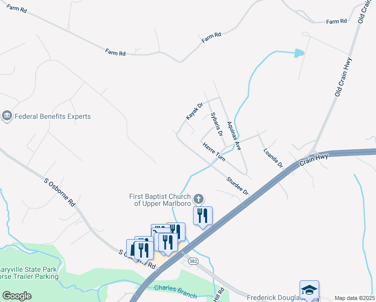 map of restaurants, bars, coffee shops, grocery stores, and more near 12311 Sturdee Drive in Upper Marlboro
